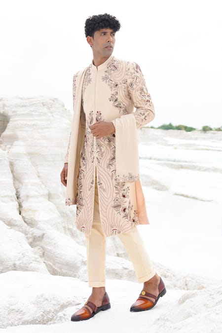 Ankur J_Cream Silk, Linen Embroidery Sherwani Set _Online_at_Aza_Fashions