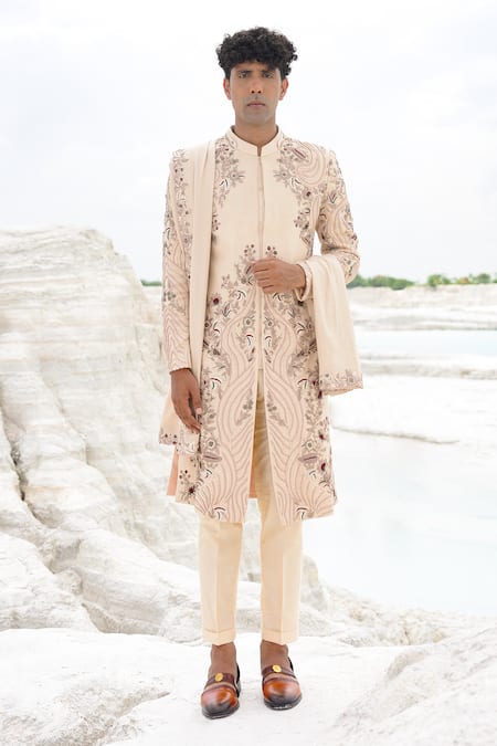 Shop_Ankur J_Cream Silk, Linen Embroidery Sherwani Set _Online_at_Aza_Fashions