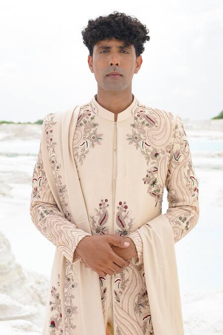 Ankur J_Cream Silk, Linen Embroidery Sherwani Set _at_Aza_Fashions