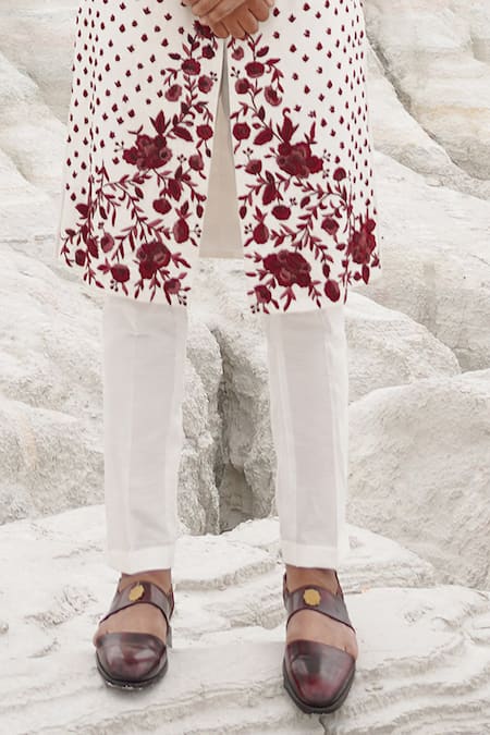 Ankur J_White Silk, Linen Embroidery Sherwani With Red _Online_at_Aza_Fashions