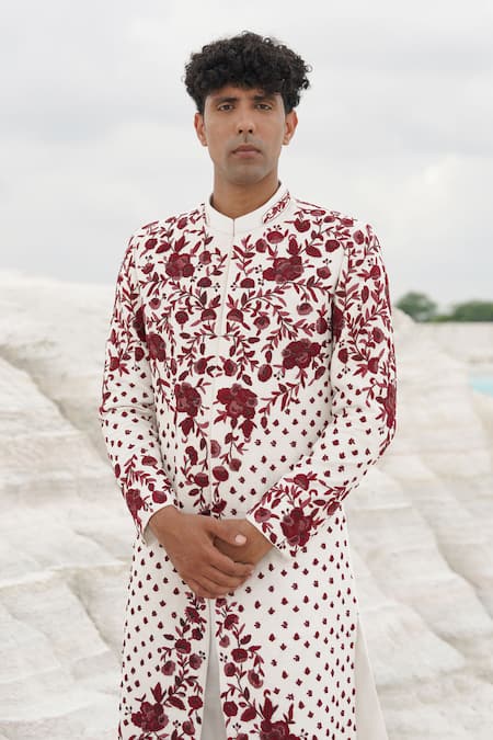 Buy_Ankur J_White Silk, Linen Embroidery Sherwani With Red _Online_at_Aza_Fashions