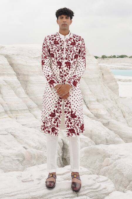 Shop_Ankur J_White Silk, Linen Embroidery Sherwani With Red _Online_at_Aza_Fashions