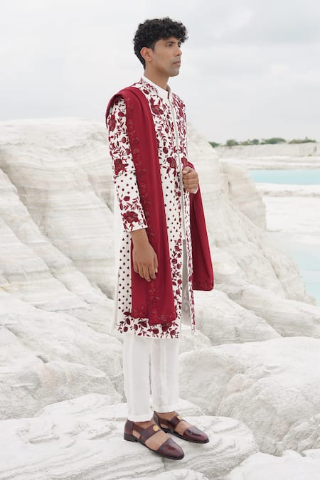 Ankur J_White Silk, Linen Embroidery Sherwani With Red _at_Aza_Fashions