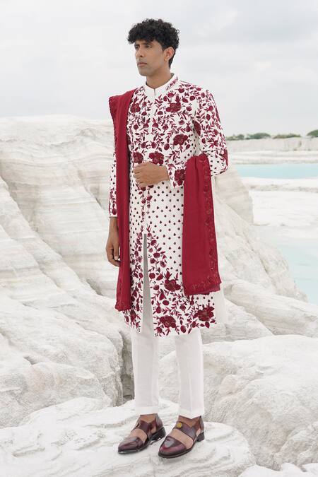 Buy_Ankur J_White Silk, Linen Embroidery Sherwani With Red 