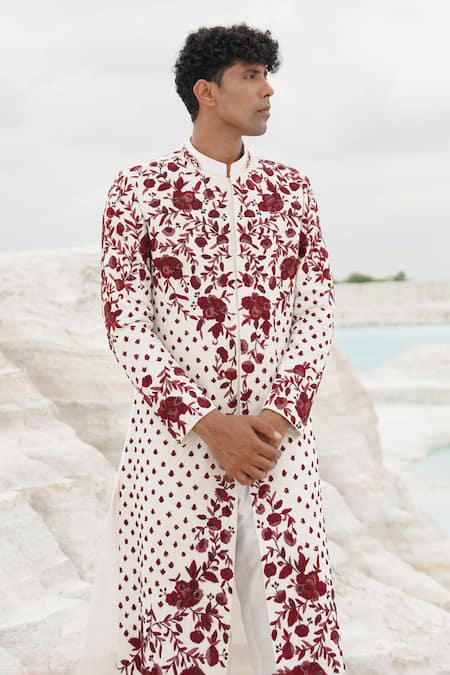 Shop_Ankur J_White Silk, Linen Embroidery Sherwani With Red 