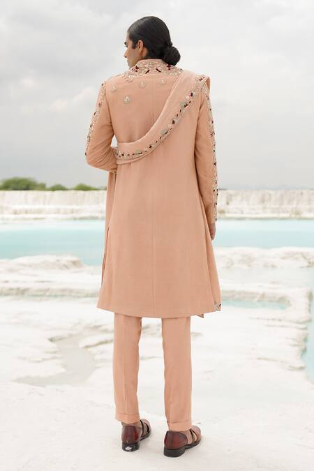 Shop_Ankur J_Peach Silk, Linen Embroidery Sherwani Set _at_Aza_Fashions
