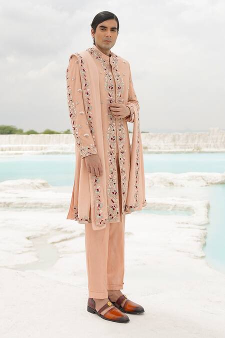 Ankur J_Peach Silk, Linen Embroidery Sherwani Set _Online_at_Aza_Fashions
