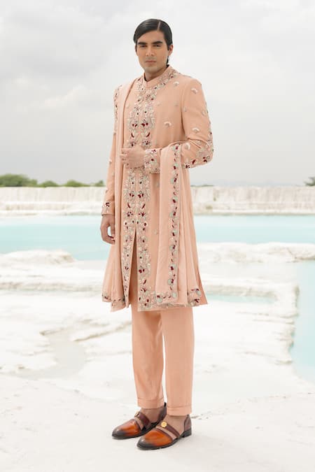 Buy_Ankur J_Peach Silk, Linen Embroidery Sherwani Set _Online_at_Aza_Fashions