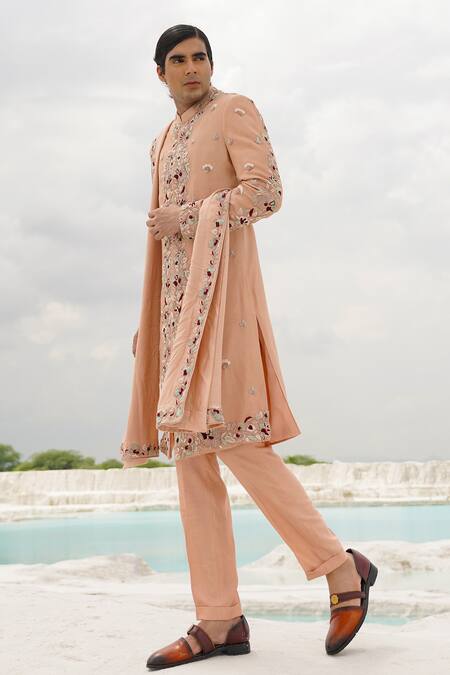 Shop_Ankur J_Peach Silk, Linen Embroidery Sherwani Set _Online_at_Aza_Fashions