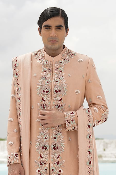Ankur J_Peach Silk, Linen Embroidery Sherwani Set _at_Aza_Fashions