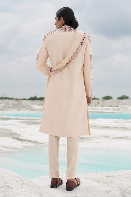 Shop_Ankur J_Off White Crepe Embroidery Crape Sherwani Set _at_Aza_Fashions