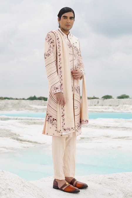 Ankur J_Off White Crepe Embroidery Crape Sherwani Set _Online_at_Aza_Fashions