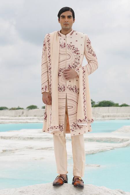 Buy_Ankur J_Off White Crepe Embroidery Crape Sherwani Set _Online_at_Aza_Fashions