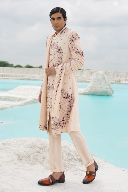 Shop_Ankur J_Off White Crepe Embroidery Crape Sherwani Set _Online_at_Aza_Fashions