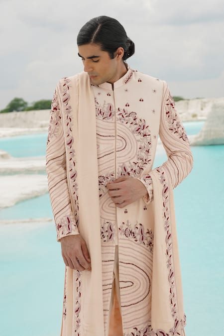 Ankur J_Off White Crepe Embroidery Crape Sherwani Set _at_Aza_Fashions