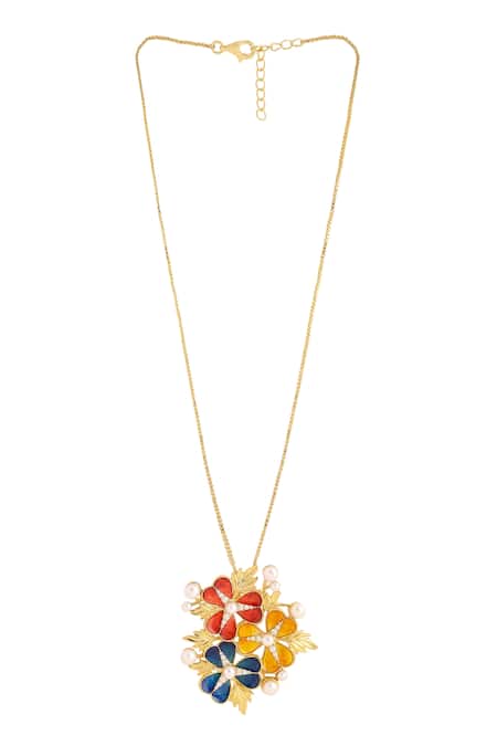 Kicky & Perky_Gold Plated Floral Moissanite Pendant Necklace _Online_at_Aza_Fashions
