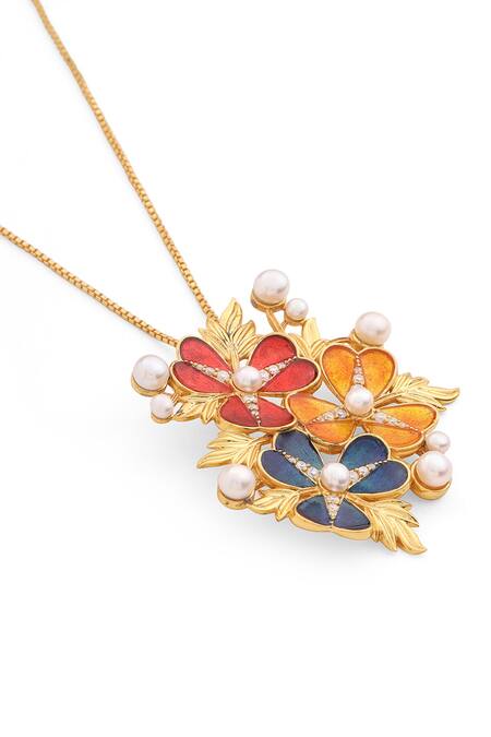 Shop_Kicky & Perky_Gold Plated Floral Moissanite Pendant Necklace _Online_at_Aza_Fashions