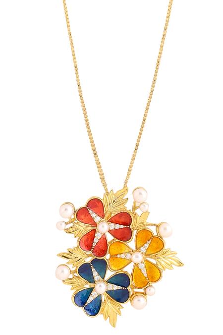 Kicky & Perky_Gold Plated Floral Moissanite Pendant Necklace _at_Aza_Fashions