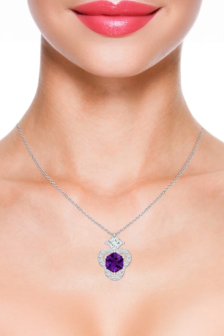 Kicky & Perky Silver Plated Amethyst Moissanite Pendant Necklace 