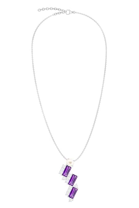 Shop Kicky & Perky Purple Contemporary Amethyst And Moissanite Pendant Necklace at Aza Fashions Shop_Kicky & Perky_Purple Contemporary Amethyst And Moissanite Pendant Necklace _at_Aza_Fashions