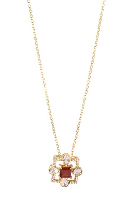 Shop Kicky & Perky Gold Plated Garnet And Moissanite Pendant Necklace Online at Aza Fashions Shop_Kicky & Perky_Gold Plated Garnet And Moissanite Pendant Necklace _Online_at_Aza_Fashions