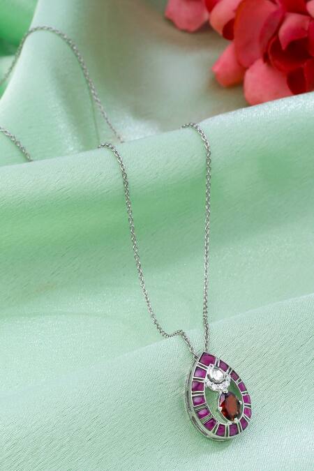 Shop_Kicky & Perky_Silver Plated Garnet And Moissanite Pendant Necklace 