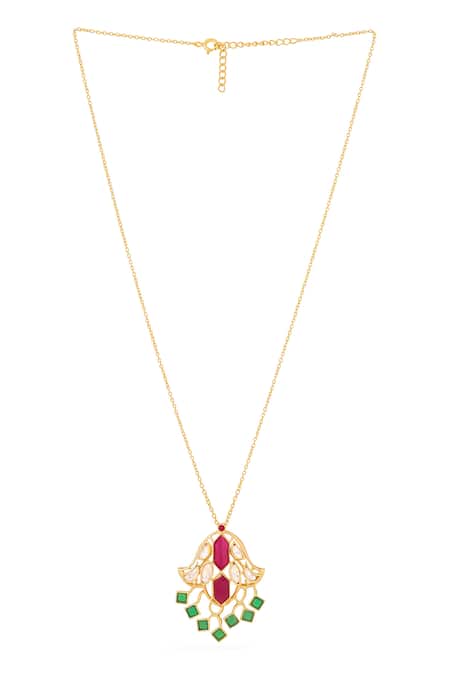 Shop_Kicky & Perky_Gold Plated Designer Moissanite Pendant Necklace _at_Aza_Fashions