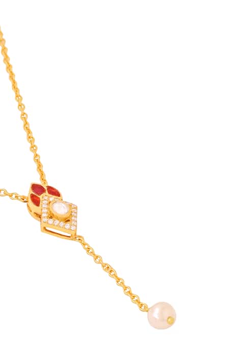 Shop_Kicky & Perky_Gold Plated Moissanite And Pearl Pendant Necklace _Online_at_Aza_Fashions