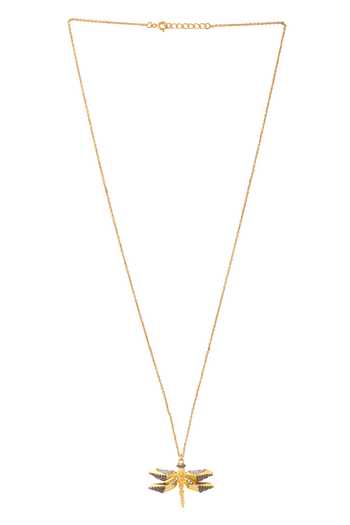 Shop Kicky & Perky Gold Plated Moissanite Dragonfly Pendant Necklace at Aza Fashions Shop_Kicky & Perky_Gold Plated Moissanite Dragonfly Pendant Necklace _at_Aza_Fashions
