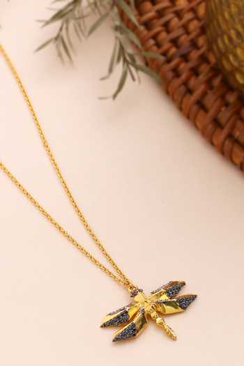Kicky & Perky Gold Plated Moissanite Dragonfly Pendant Necklace at Aza Fashions Kicky & Perky_Gold Plated Moissanite Dragonfly Pendant Necklace _at_Aza_Fashions