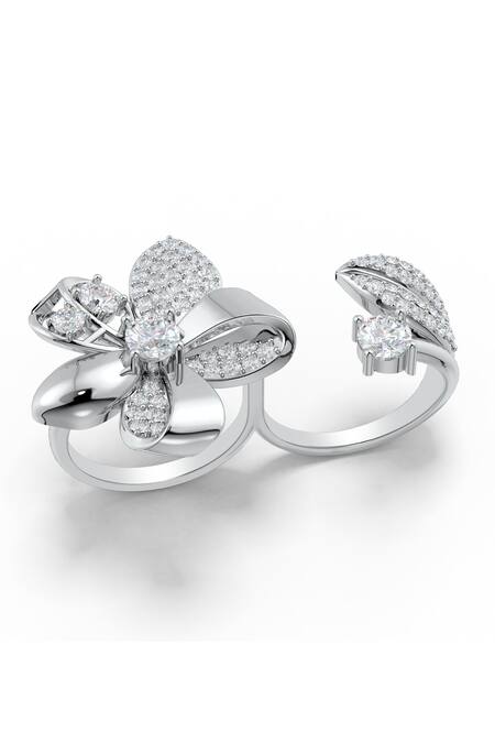 Shop_Kicky & Perky_Silver Plated Imitation Diamonds Floral Motif Sterling Ring 