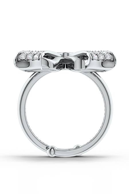 Shop_Kicky & Perky_Silver Plated Imitation Diamonds Moissanite Bow Motif Adjustable Ring_Online_at_Aza_Fashions