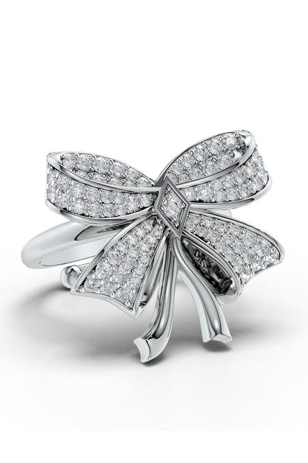 Shop_Kicky & Perky_Silver Plated Imitation Diamonds Moissanite Bow Motif Adjustable Ring