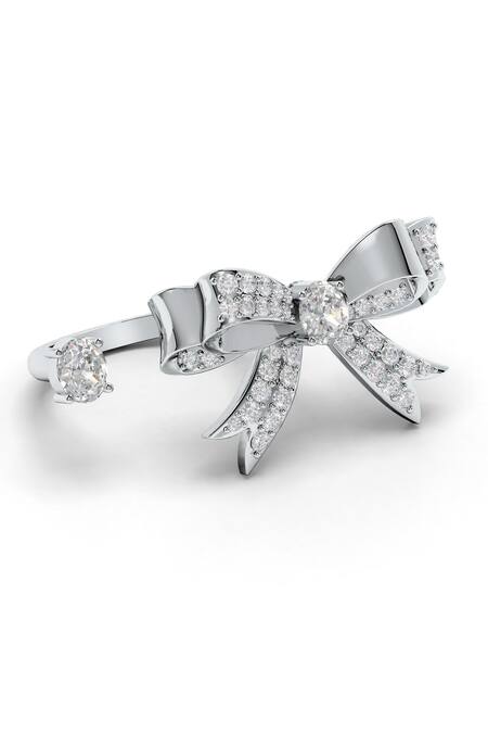 Shop_Kicky & Perky_Silver Plated Imitation Diamonds Designer Moissanite Bow Ring _Online_at_Aza_Fashions