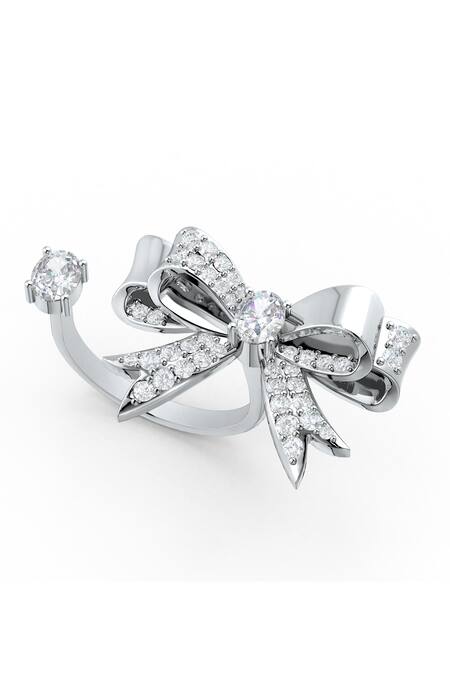 Kicky & Perky_Silver Plated Imitation Diamonds Designer Moissanite Bow Ring _at_Aza_Fashions