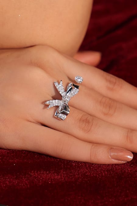 Buy_Kicky & Perky_Silver Plated Imitation Diamonds Designer Moissanite Bow Ring 