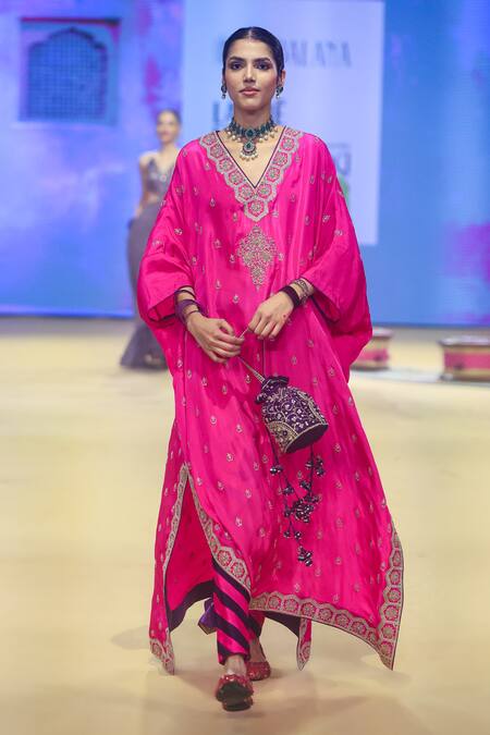 Shop_Punit Balana_Pink Silk, Lycra Embroidery V-neck Floral Marodi Kaftan Set With Churidar 