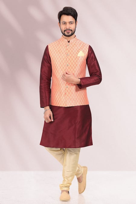 Shop_Arihant Rai Sinha_Maroon Cotton And Peach Bundi Kurta Set _at_Aza_Fashions