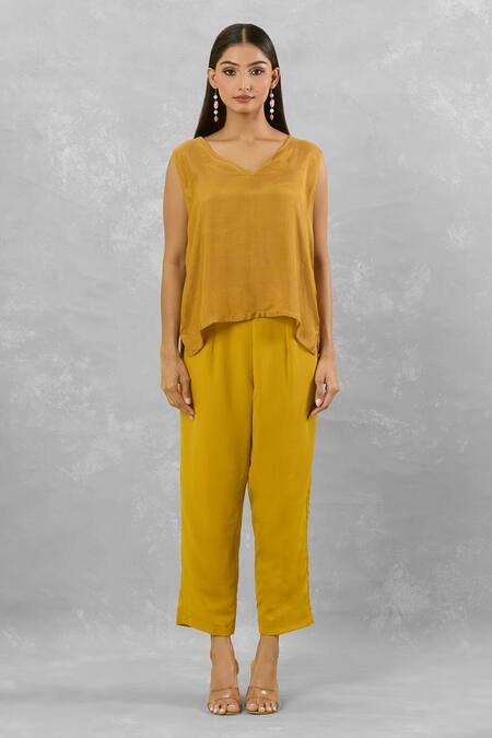 Studio A Yellow Crepe, Georgette Sequins Mandarin Bloom Embroidered Kaftan Pant Set Online at Aza Fashions Studio A_Yellow Crepe, Georgette Sequins Mandarin Bloom Embroidered Kaftan Pant Set _Online_at_Aza_Fashions