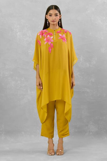 Shop Studio A Yellow Crepe, Georgette Sequins Mandarin Bloom Embroidered Kaftan Pant Set Online at Aza Fashions Shop_Studio A_Yellow Crepe, Georgette Sequins Mandarin Bloom Embroidered Kaftan Pant Set _Online_at_Aza_Fashions