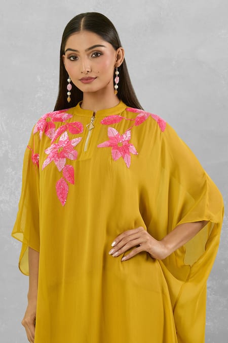Studio A Yellow Crepe, Georgette Sequins Mandarin Bloom Embroidered Kaftan Pant Set at Aza Fashions Studio A_Yellow Crepe, Georgette Sequins Mandarin Bloom Embroidered Kaftan Pant Set _at_Aza_Fashions