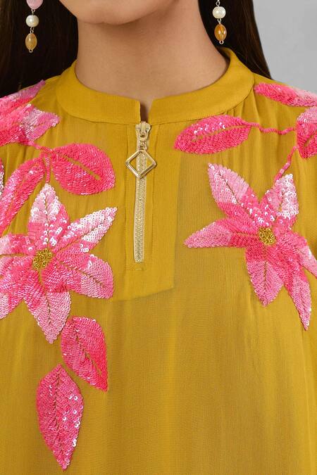 Buy Studio A Yellow Crepe, Georgette Sequins Mandarin Bloom Embroidered Kaftan Pant Set Buy_Studio A_Yellow Crepe, Georgette Sequins Mandarin Bloom Embroidered Kaftan Pant Set