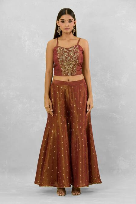 Studio A Maroon Tissue Embroidery Sweetheart Neck Floral Dori Kurta And Sharara Set Online at Aza Fashions Studio A_Maroon Tissue Embroidery Sweetheart Neck Floral Dori Kurta And Sharara Set _Online_at_Aza_Fashions