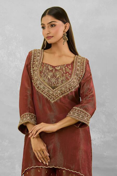 Studio A Maroon Tissue Embroidery Sweetheart Neck Floral Dori Kurta And Sharara Set at Aza Fashions Studio A_Maroon Tissue Embroidery Sweetheart Neck Floral Dori Kurta And Sharara Set _at_Aza_Fashions