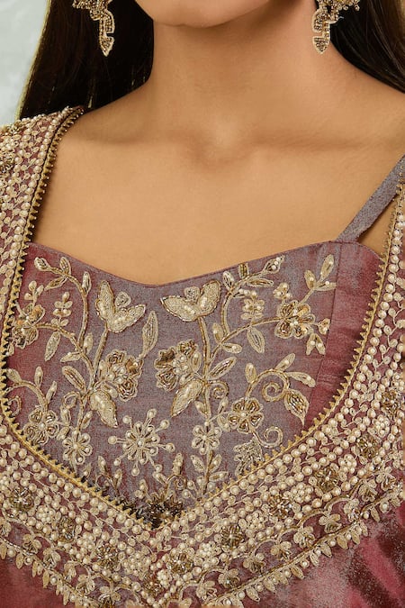 Buy Studio A Maroon Tissue Embroidery Sweetheart Neck Floral Dori Kurta And Sharara Set Buy_Studio A_Maroon Tissue Embroidery Sweetheart Neck Floral Dori Kurta And Sharara Set