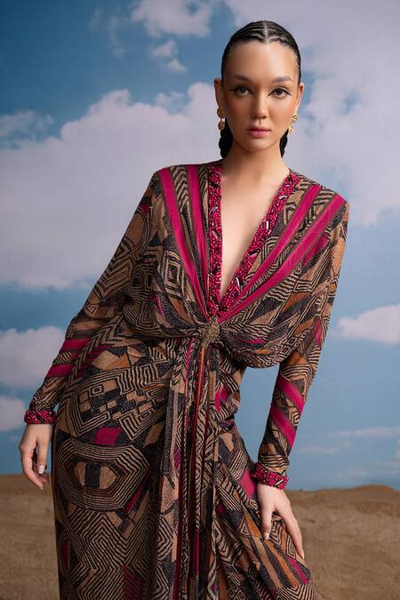 Nikita Mhaisalkar_Brown Georgette Beads Plunge Neck Geometric Draped Maxi Dress _Online_at_Aza_Fashions