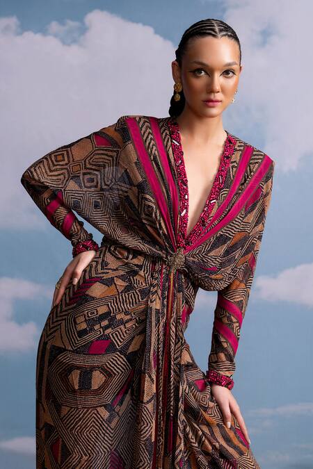 Buy_Nikita Mhaisalkar_Brown Georgette Beads Plunge Neck Geometric Draped Maxi Dress _Online_at_Aza_Fashions