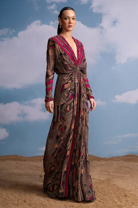 Shop_Nikita Mhaisalkar_Brown Georgette Beads Plunge Neck Geometric Draped Maxi Dress _Online_at_Aza_Fashions