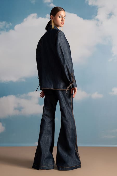 Shop Nikita Mhaisalkar Blue Hemp Collared Indigo Denim Pantsuit at Aza Fashions Shop_Nikita Mhaisalkar_Blue Hemp Collared Indigo Denim Pantsuit _at_Aza_Fashions