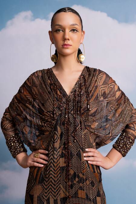 Nikita Mhaisalkar Brown Lurex, Georgette Tassels, Embroidery V-neck Geometric Kimono Maxi Dress Online at Aza Fashions Nikita Mhaisalkar_Brown Lurex, Georgette Tassels, Embroidery V-neck Geometric Kimono Maxi Dress _Online_at_Aza_Fashions